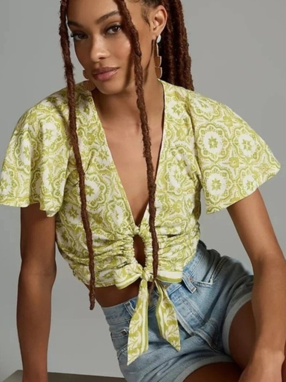 Pilcro Green Floral Linen Keyhole Crop Top Small Anthropologie - Picture 2 of 9